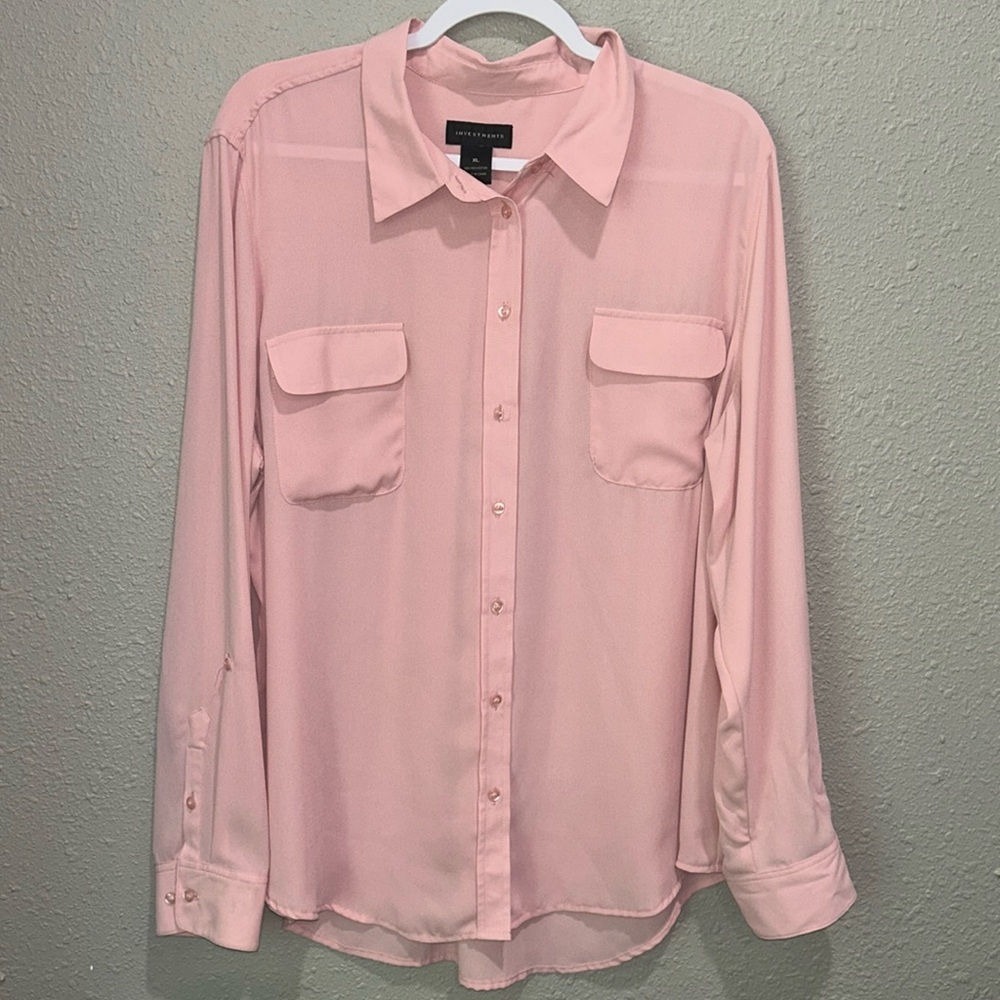 Investments button up, shirt dressy casual.